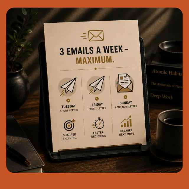 Three emails a week: Tuesday and Friday short letters, Sunday long newsletter